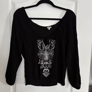 Kismet Black Blouse with White Embroidery